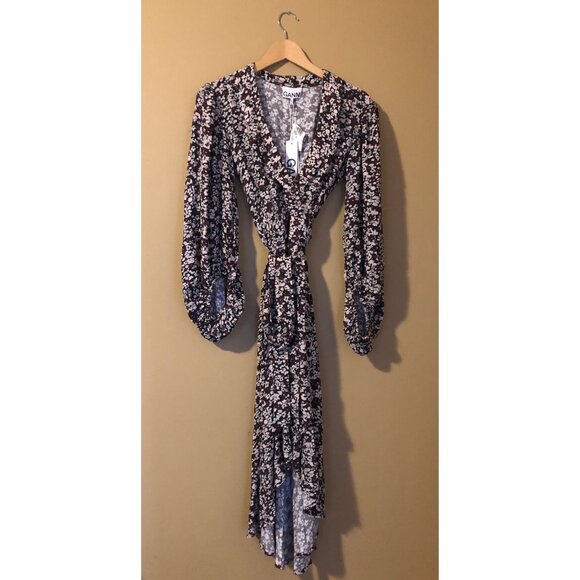 NWT Ganni phantom floral printed midi wrap dress - Picture 6 of 10